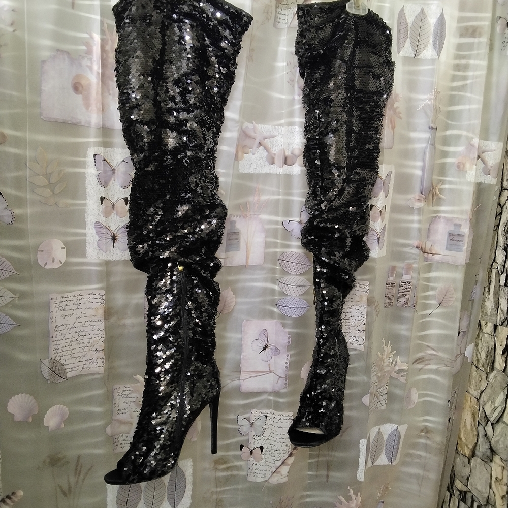 CAMSSOO Thigh High Sequins Over The Knee Open Toe Stiletto Boots - Picture 8 of 15